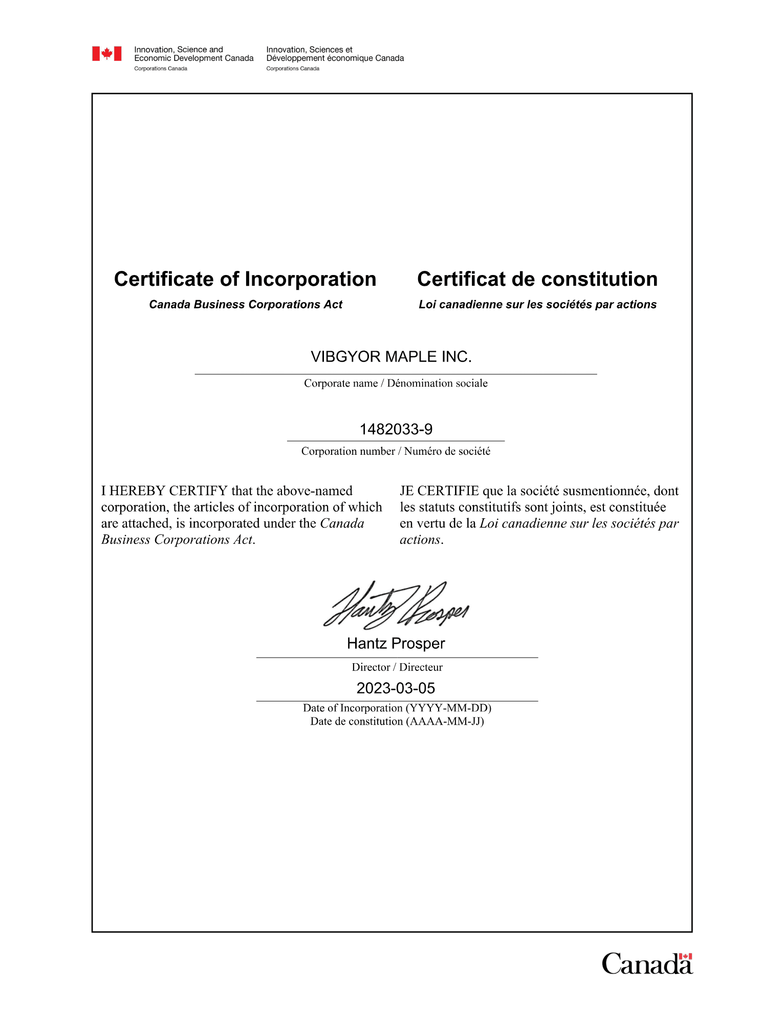 Certificate of Incorporation — Vibgyor Maple Inc.