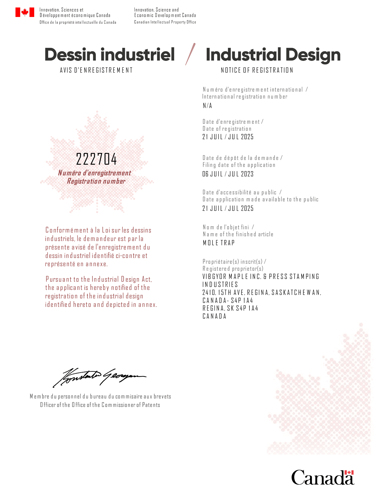 Industrial Design Registration Certificate